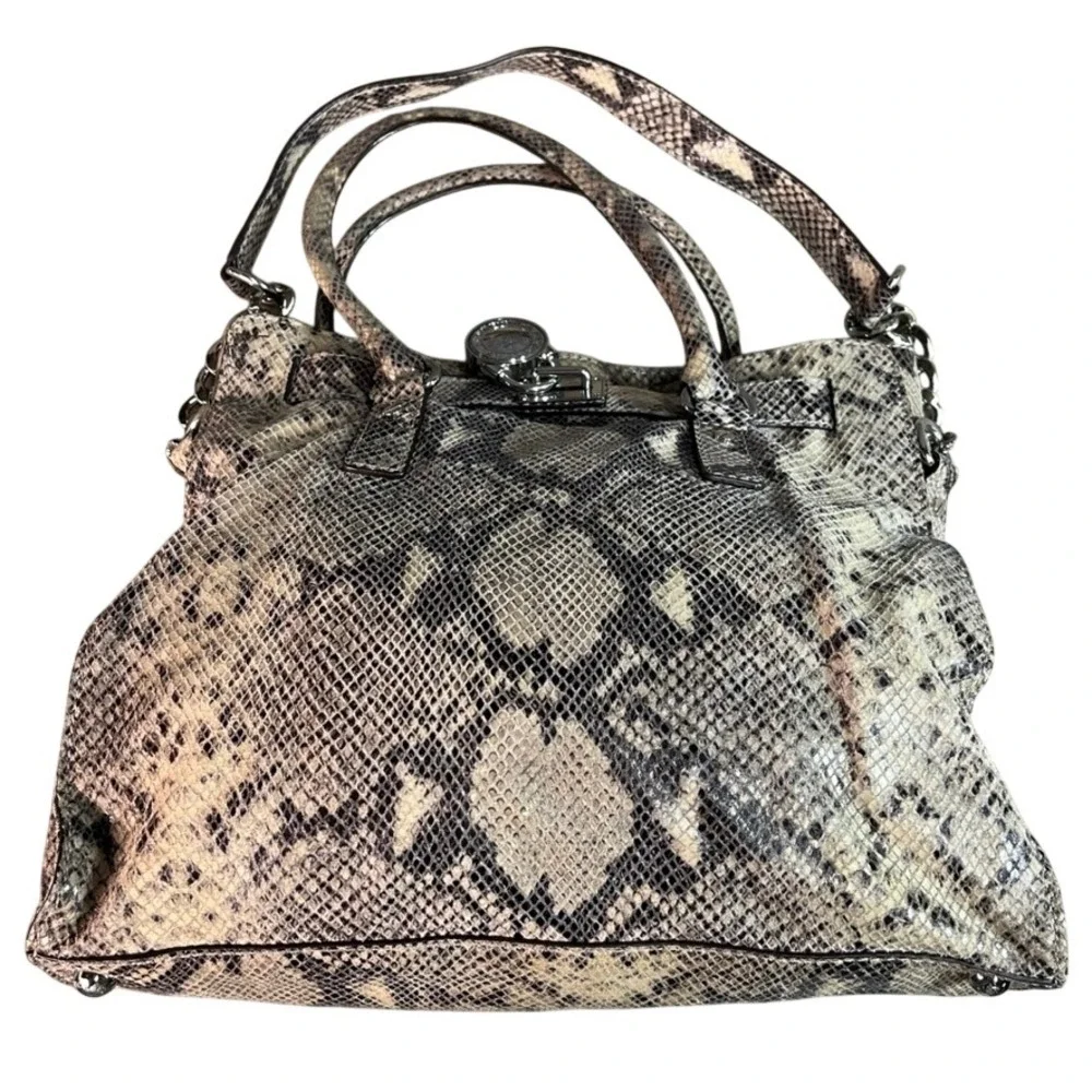 Michael Kors Hamilton Snakeskin Embossed Leather Satchel Bag Silver Hardware